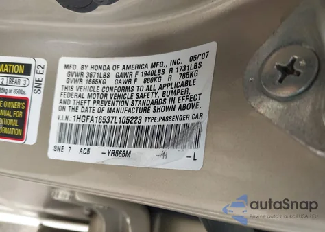 2007 Honda Civic Lx из США, поврежденный, VIN 1HGFA16537L105223